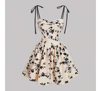 Schwarzes und Apricot Blumen bedrucktes Trägerkleid mit V-Ausschnitt, Taillenbinde und Plissee im Bridgerton Stil, Partykleid, bequemes Milchmädchenkl