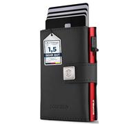 Scofield® Slim Wallet Ι Card holder Ι Mini Geldbörse Ι Platz für bis zu 12 Karten Ι Kartenetui Ι Kreditkartenetui mit RFID Schutz Ι Geldbeutel Ι (Black Leather / Red Case / kein Münzfach)