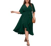 SCOMCHIC Damen-Maxikleid in Übergröße, kurzärmelig, Wickelkleid, V-Ausschnitt, hoch niedrig, gerüscht, langes Kleid, Smaragdrün, XX-Large Mehr