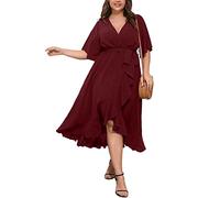 SCOMCHIC Damen-Maxikleid in Übergröße, kurzärmelig, Wickelkleid, V-Ausschnitt, hoch niedrig, gerüscht, langes Kleid, Burgunder, Groß