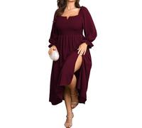 SCOMCHIC Damen-Maxikleid in Übergröße, langärmelig, quadratischer Ausschnitt, gesmokt, für Hochzeitsgäste, fließend, geteilt, Herbstkleider mit Taschen, Burgunder, XXX-Large Mehr