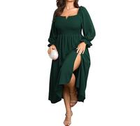 SCOMCHIC Damen-Maxikleid in Übergröße, langärmelig, quadratischer Ausschnitt, gesmokt, für Hochzeitsgäste, fließend, geteilt, Herbstkleider mit Taschen, Smaragdrün, 4XL