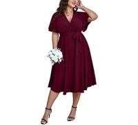 SCOMCHIC Damen-Midikleid in Übergröße, für Hochzeitsgäste, Cocktailkleid, Sommer, kurze Ärmel, Wickelkleid, V-Ausschnitt, A-Linie, fließendes Kleid