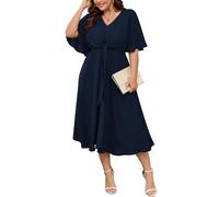 SCOMCHIC Damen Übergröße Midikleider Hochzeitsgast Kurzarm V-Ausschnitt Taillengürtel Lässiges Sommer Fließendes A-Linien-Kleid, Marineblau, X-Large Mehr