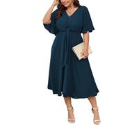 SCOMCHIC Damen Übergröße Midikleider Hochzeitsgast Kurzarm V-Ausschnitt Taillengürtel Lässiges Sommer Fließendes A-Linien-Kleid, Seeblau, X-Large Mehr