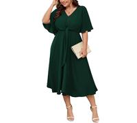 SCOMCHIC Damen Übergröße Midikleider Hochzeitsgast Kurzarm V-Ausschnitt Taillengürtel Lässiges Sommer Fließendes A-Linien-Kleid, Smaragdrün, XXX-Large Mehr