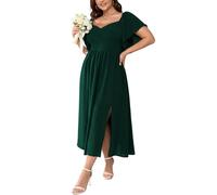 SCOMCHIC Damenkleider in Übergröße, kurzärmelig, Herzausschnitt, Hochzeitsgäste, Cocktailkleid, gesmokt, A-Linie, Schlitz, Maxikleid