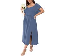 SCOMCHIC Damenkleider in Übergröße, kurzärmelig, Herzausschnitt, Hochzeitsgäste, Cocktailkleid, gesmokt, A-Linie, Schlitz, Maxikleid