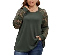 SCOMCHIC Oberteile in Übergröße für Damen, elegante Spitzen-Langarmblusen, Rundhalsausschnitt, elegante Hemden, lockere, lässige Tunika, Tops, Größe XL - 5XL, Grün , XXX-Large Mehr