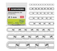 SCREW REBEL 3,0 mm starke Edelstahlkette A4 rostfrei, Metallkette 10 m lang, Namensschild-Kette kurzgliedrig DIN 5685-3, Mini-Absperrkette, Stahlkette V4A mit 10 Meter Länge