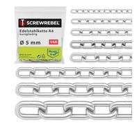 SCREW REBEL 5,0 mm starke Edelstahlkette A4 rostfrei, Sicherheitskette 3 m lang, kalibriert, Zaunkette kurzgliedrig DIN 766, Metallkette, Rundstahlkette V4A mit 3 Meter Länge