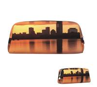 SDTYKHJ Federmäppchen Boston Charles River City Skyline Sonnenuntergang Big Pencil Bag Tragbare Münztasche Ästhetische Kosmetiktasche Leder Make-up Tasche, silber, Einheitsgröße