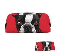 SDTYKHJ Federmäppchen Boston Terrier Hund, rot, großes Federmäppchen, tragbar, Münztasche, ästhetische Kosmetiktasche, Leder, Make-up-Tasche, silber, Einheitsgröße