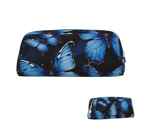 SDTYKHJ Federmäppchen, dunkelblaue Schmetterlinge, große Bleistifttasche, tragbare Münztasche, ästhetische Kosmetiktasche, Leder, Make-up-Tasche, Gold, One Size