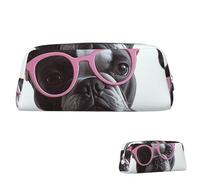 SDTYKHJ Federmäppchen Französische Bulldogge Brille, große Bleistifttasche, tragbare Münztasche, ästhetische Kosmetiktasche, Leder, Make-up-Tasche, silber, Einheitsgröße