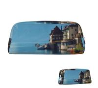 SDTYKHJ Federmäppchen Genfer See Schweiz Große Bleistifttasche Tragbare Münztasche Ästhetische Kosmetiktasche Leder Make-up Tasche, silber, Einheitsgröße