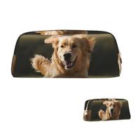 SDTYKHJ Federmäppchen Golden Retriever Laufen Big Pencil Bag Tragbare Münztasche Ästhetische Kosmetiktasche Leder Make-up Tasche, Gold, Einheitsgröße