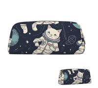 SDTYKHJ Federmäppchen, lustig, Katze, Astronaut, große Bleistifttasche, tragbare Münztasche, ästhetische Kosmetiktasche, Leder, Make-up-Tasche, Gold, One Size