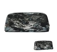 SDTYKHJ Federmäppchen, Motiv: Fluss und graue Felsen, großes Federmäppchen, tragbare Münztasche, ästhetische Kosmetiktasche, Leder, Make-up-Tasche, silber, Einheitsgröße