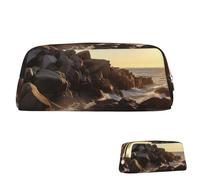 SDTYKHJ Federmäppchen, Motiv: Leuchtturm, Felsen, Meer, großes Federmäppchen, tragbare Münztasche, ästhetische Kosmetiktasche, Leder, Make-up-Tasche, Gold, One Size