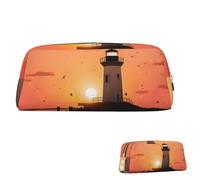 SDTYKHJ Federmäppchen, Motiv: Leuchtturm, Sonnenaufgang, großes Federmäppchen, tragbare Münztasche, ästhetische Kosmetiktasche, Leder, Make-up-Tasche, Gold, Einheitsgröße