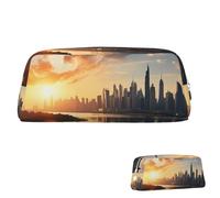 SDTYKHJ Federmäppchen, Motiv: New York im Sonnenuntergang, großes Federmäppchen, tragbare Münztasche, ästhetische Kosmetiktasche, Leder, Make-up-Tasche, Silber, One Size