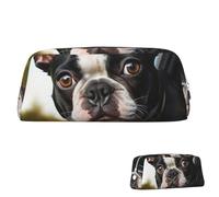 SDTYKHJ Federmäppchen, Motiv: Welpe, Hund, Boston Terrier, großes Federmäppchen, tragbare Münztasche, ästhetische Kosmetiktasche, Leder, Make-up-Tasche, silber, Einheitsgröße