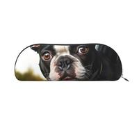 SDTYKHJ Federmäppchen, Motiv: Welpe, Hund, Boston Terrier, großes Federmäppchen, tragbare Münztasche, ästhetische Kosmetiktasche, Leder, Make-up-Tasche, silber, Einheitsgröße