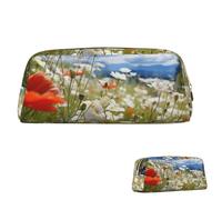 SDTYKHJ Federmäppchen, Motiv: Wiese und Gänseblümchen, großes Federmäppchen, tragbare Münztasche, ästhetische Kosmetiktasche, Leder, Make-up-Tasche