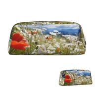 SDTYKHJ Federmäppchen, Motiv: Wiese und Gänseblümchen, großes Federmäppchen, tragbare Münztasche, ästhetische Kosmetiktasche, Leder, Make-up-Tasche, silber, Einheitsgröße