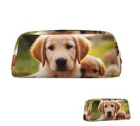 SDTYKHJ Federmäppchen, niedlicher Golden Retriever, Welpe, großes Federmäppchen, tragbare Münztasche, ästhetische Kosmetiktasche, Leder, Make-up-Tasche, Gold, One Size