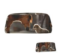 SDTYKHJ Federmäppchen, niedlicher Hund und Pferd, großes Federmäppchen, tragbar, Münztasche, ästhetische Kosmetiktasche, Leder, Make-up-Tasche, silber, Einheitsgröße