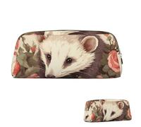SDTYKHJ Federmäppchen Opossum und Rosen, großes Federmäppchen, tragbar, Münztasche, ästhetische Kosmetiktasche, Leder, Make-up-Tasche, Gold, Einheitsgröße