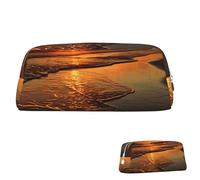 SDTYKHJ Federmäppchen Orange Sonnenaufgang Strand Große Bleistifttasche Tragbare Münztasche Ästhetische Kosmetiktasche Leder Make-up Tasche, silber, Einheitsgröße