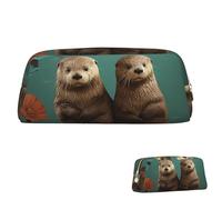 SDTYKHJ Federmäppchen Otters in Love, große Bleistifttasche, tragbare Münztasche, ästhetische Kosmetiktasche, Leder, Make-up-Tasche, Gold, Einheitsgröße