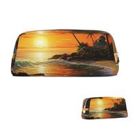 SDTYKHJ Federmäppchen, Palme, Sonnenlandschaft, großes Federmäppchen, tragbar, Münztasche, ästhetische Kosmetiktasche, Leder, Make-up-Tasche, Silber, One Size