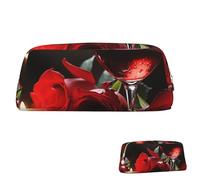 SDTYKHJ Federmäppchen, rote Rose, Weinglas und Kerze, großes Federmäppchen, tragbar, Münztasche, ästhetische Kosmetiktasche, Leder, Make-up-Tasche, Gold, Einheitsgröße