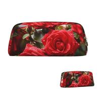 SDTYKHJ Federmäppchen, rote Rosen, Busch im Garten, große Bleistifttasche, tragbare Münztasche, ästhetische Kosmetiktasche, Leder, Make-up-Tasche, Gold, Einheitsgröße