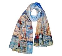 SeaBright Damen Schal Tuch 100% Seide Seidenschal Chiffon Paj dünn leicht transparent 4 Momme SC-S-BH-2103-08 Blau Braun Beige Gemälde Küste Dorf