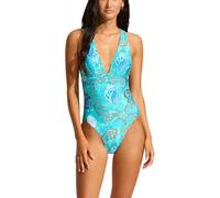 Seafolly Damen-Badeanzug mit tiefem V-Ausschnitt, breiter Riemen, einteiliger Badeanzug, La Mer Aquatic Blue, 42