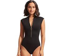 Seafolly Women's Standard Cap Sleeve Zip Front One Piece Swimsuit, Eco Collective Black, 10