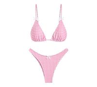seamoly Damen-Bikini-Set, Raffhalter, Schleife, zweiteilig, Badeanzug, Dreieck, Tanga, Badeanzug, Gingham-Blumen-Kirsch-Druck, rosa kariert, Large