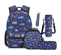 SEANATIVE Rucksack-Set für 9-12 Jahre, 5-teilig, Büchertasche mit isolierter Lunchtasche, Fahrzeuge, Rucksack Backpacks