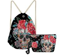 SEANATIVE Sugar Rose Skull Damen Rucksack mit Kordelzug und PU-Leder Makerup-Tasche Set