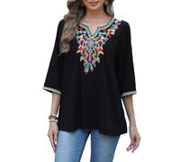 Seasonal Boho Tunika Damen Sommer Mexikanische Blumen Bestickt V-Ausschnitt Top 3/4 Ärmel Hippie Lose Frauen Folklore Tops(806-Schwarz,XL)