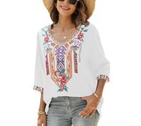 Seasonal Damen Stickerei Bluse Bohemian Herbst Tunika Bestickte Folklore Blusen Hippie Blumenmuster Oberteil 3/4 Arm Lose Tops (3X-Large, 328-Weiß)