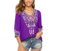 Seasonal Damen Stickerei Bluse Bohemian Herbst Tunika Bestickte Folklore Blusen Hippie Blumenmuster Oberteil 3/4 Arm Lose Tops (X-Large, 054-Violett)