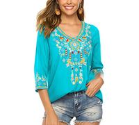 Seasonal Damen Stickerei Bluse Bohemian Herbst Tunika Bestickte Folklore Blusen Hippie Blumenmuster Oberteil 3/4 Arm Lose Tops (X-Large, 054-Blau)
