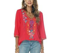 Seasonal Damen Stickerei Bluse Bohemian Herbst Tunika Bestickte Folklore Blusen Hippie Blumenmuster Oberteil 3/4 Arm Lose Tops (X-Large, 328-Rot)