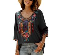 Seasonal Damen Stickerei Bluse Bohemian Herbst Tunika Bestickte Folklore Blusen Hippie Blumenmuster Oberteil 3/4 Arm Lose Tops (X-Large, 328-Schwarz)